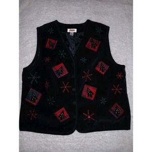 Talbots Women's Christmas Black Velvet Embellished Button-Up Vest Size L